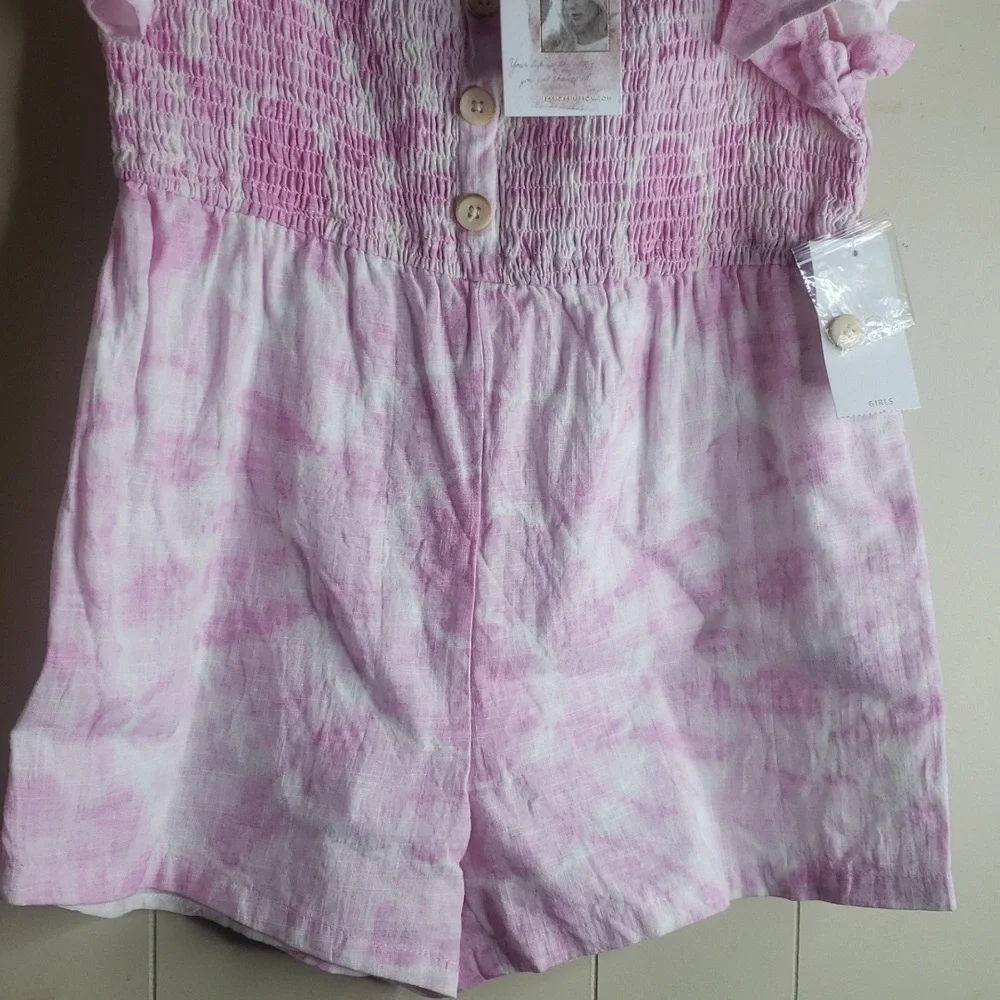 Girls Sea Pink Tie Dye over shoulder Smocked Middle Romper - Jessica Simpson
